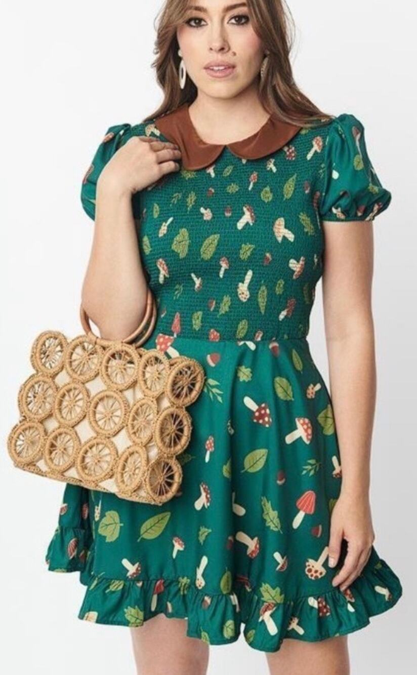 Smak Parlour Green Mushroom Shirred Top Dress XS NWT